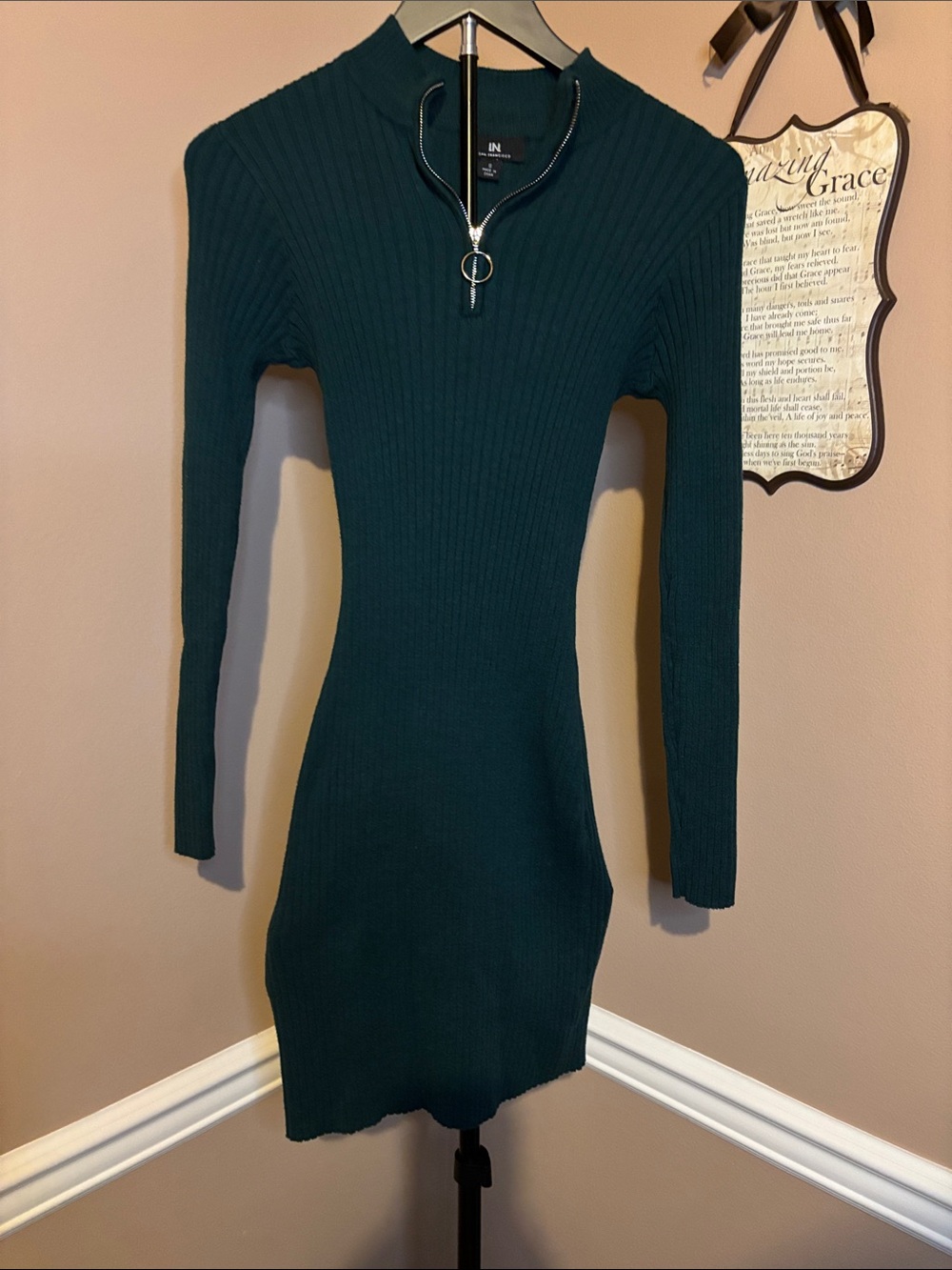 I.N. San Francisco Dark Teal Ribbed Zip-Neck Long Sleeve Dress